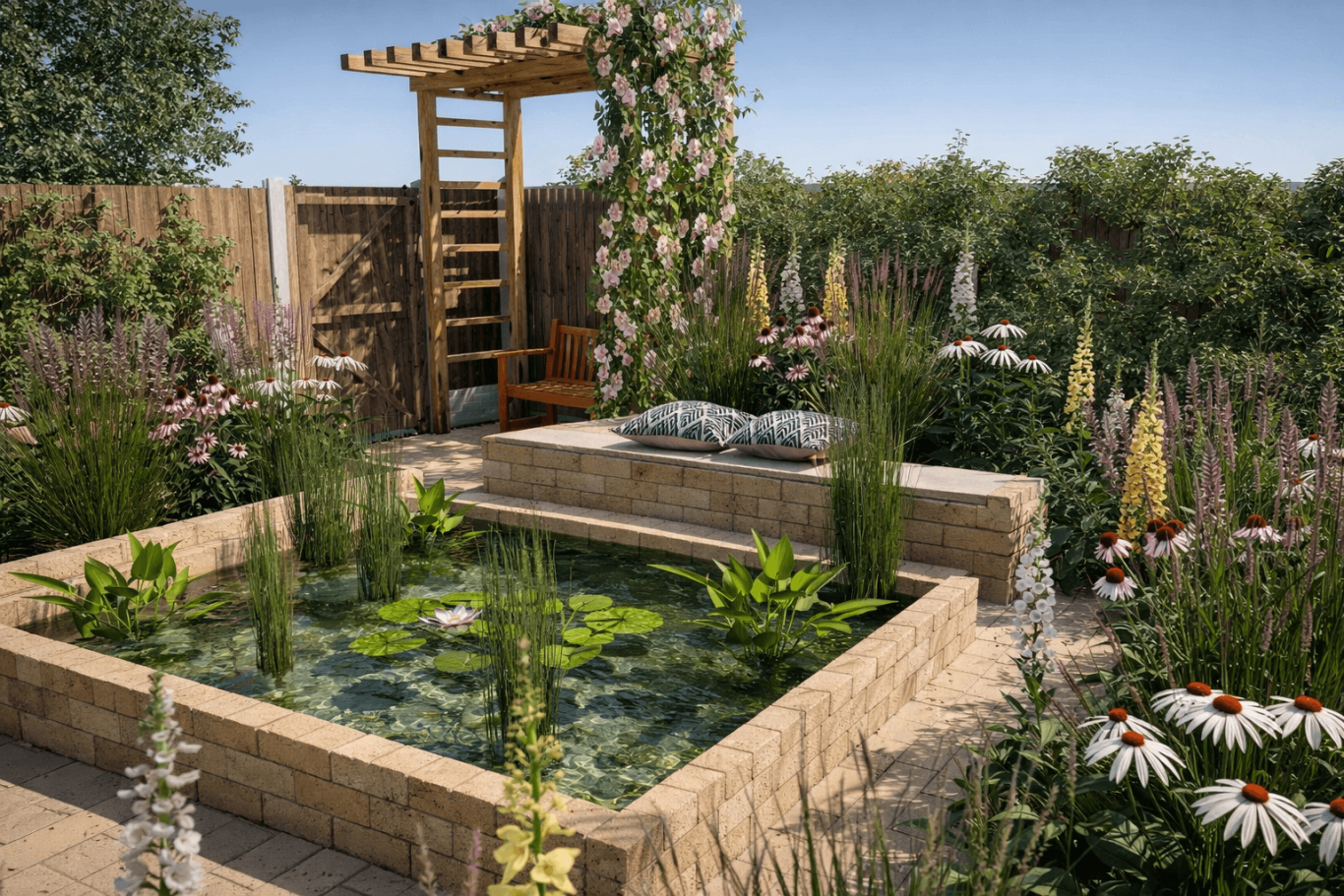 Tuin met vijver en zitje Tuin met vijver, bloemenbedden en een houten pergola in een zonnige omgeving.